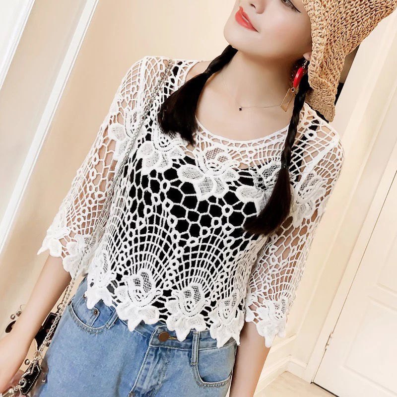 SOM008 - Áo ren móc lưới mùa hè tay lỡ thân lửng phong cách Trẻ Trung