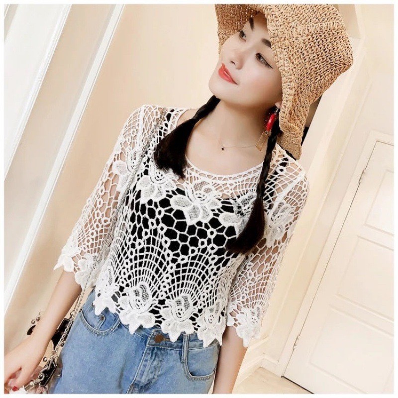 SOM008 - Áo ren móc lưới mùa hè tay lỡ thân lửng phong cách Trẻ Trung