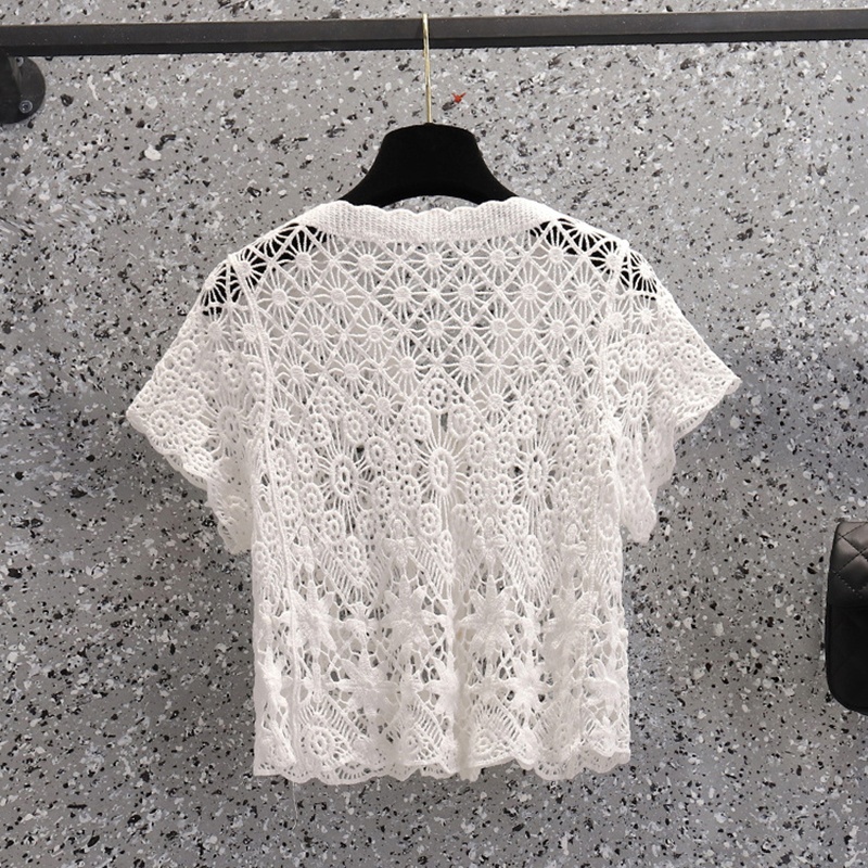 SOM009 - Áo cardigan mùa hè cộc tay đan móc rỗng, họa tiết ren trẻ trung - Be