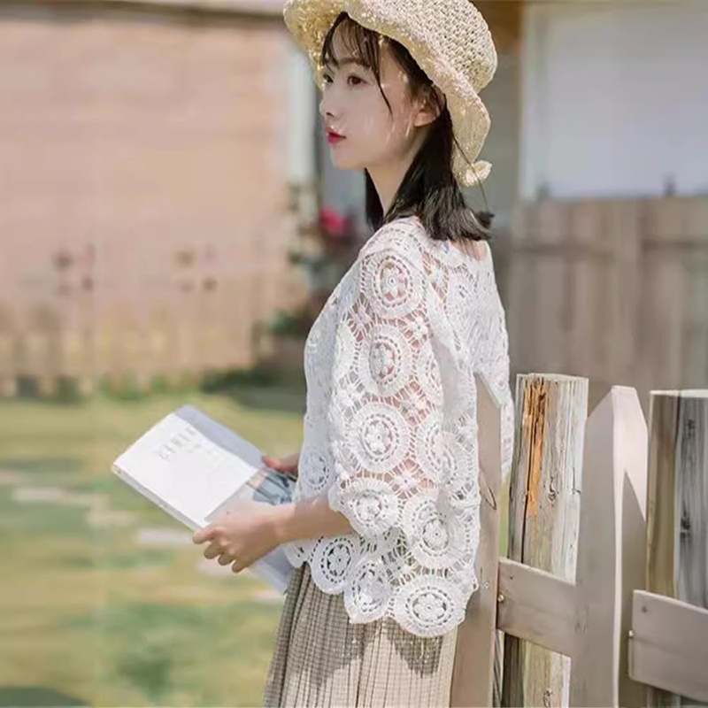 RDA001 - Áo hoa lưới tay lỡ dáng rộng phối đồ thời trang phong cách Hàn Quốc - Be