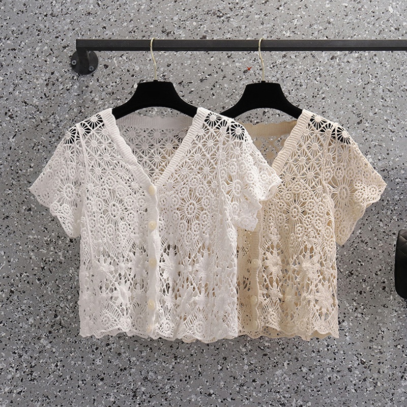 SOM009 - Áo cardigan mùa hè cộc tay đan móc rỗng, họa tiết ren trẻ trung - Be