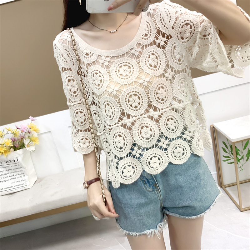 RDA001 - Áo hoa lưới tay lỡ dáng rộng phối đồ thời trang phong cách Hàn Quốc - Be