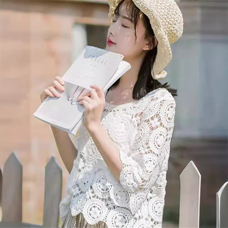 RDA001 - Áo hoa lưới tay lỡ dáng rộng phối đồ thời trang phong cách Hàn Quốc - Be
