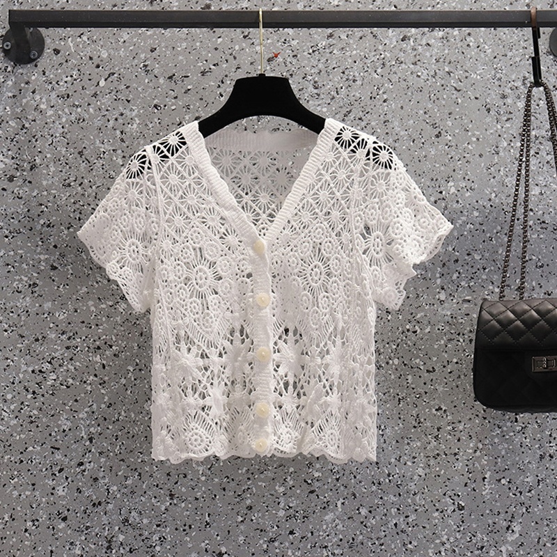 SOM009 - Áo cardigan mùa hè cộc tay đan móc rỗng, họa tiết ren trẻ trung - Be