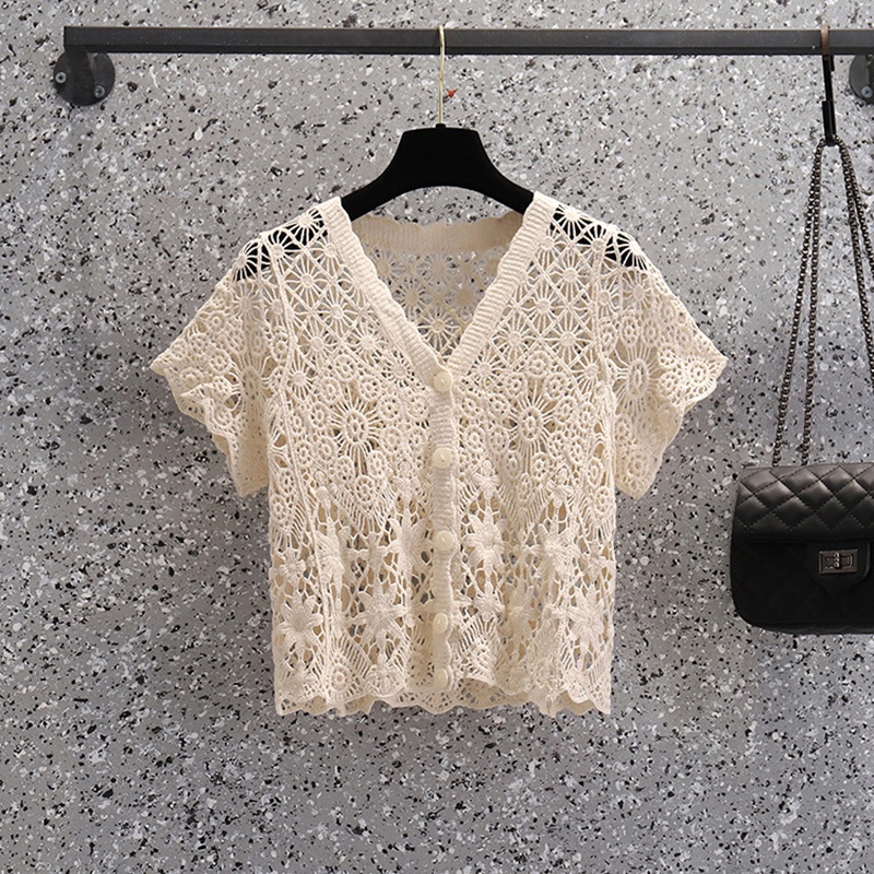 SOM009 - Áo cardigan mùa hè cộc tay đan móc rỗng, họa tiết ren trẻ trung - Be