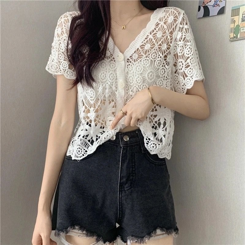 SOM009 - Áo cardigan mùa hè cộc tay đan móc rỗng, họa tiết ren trẻ trung - Trắng