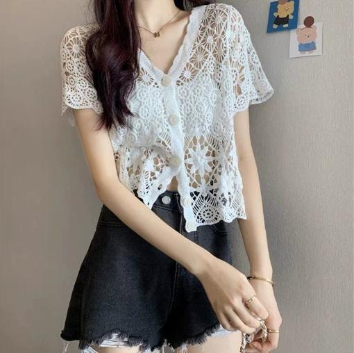 SOM009 - Áo cardigan mùa hè cộc tay đan móc rỗng, họa tiết ren trẻ trung - Trắng