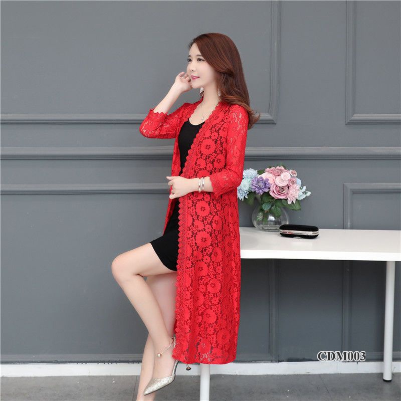 CDM003 - Áo choàng ren dáng dài thời trang phong cách Hàn Quốc - Đỏ tươi