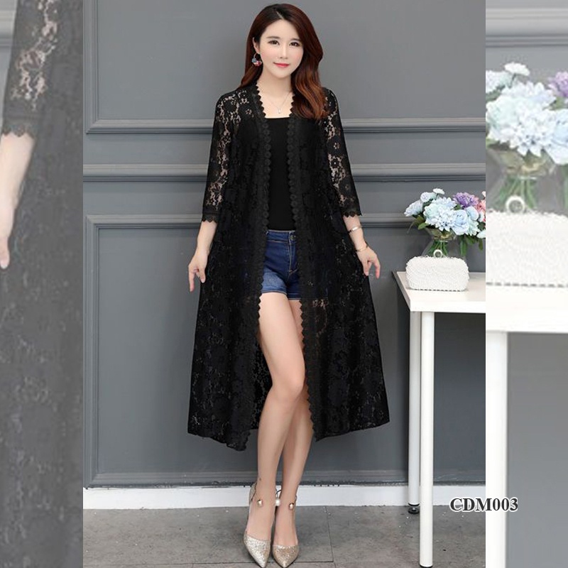 CDM003 - Áo choàng ren dáng dài thời trang phong cách Hàn Quốc - Đen