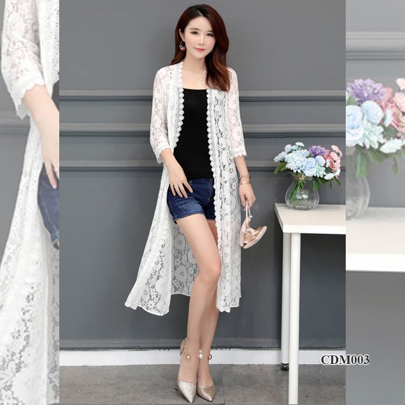CDM003 - Áo choàng ren dáng dài thời trang phong cách Hàn Quốc - Trắng
