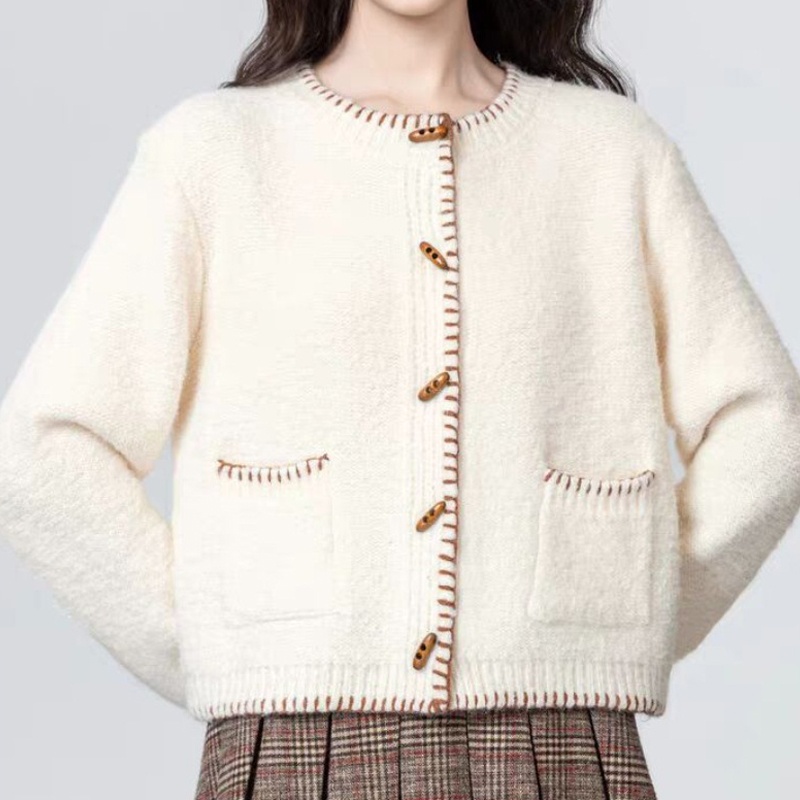 HVO002 - Áo khoác len nữ có túi, thời trang thu đông, màu Be trẻ trung