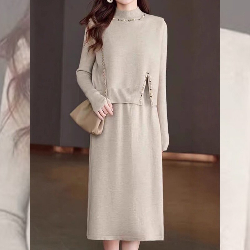 HVO008 - Set váy len nữ 2 mảnh áo vest + váy, thời trang thu đông - Be