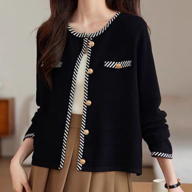 HVO009 - Áo khoác len nữ cổ tròn, áo dệt kim cao cấp, thời trang thu đông - Đen