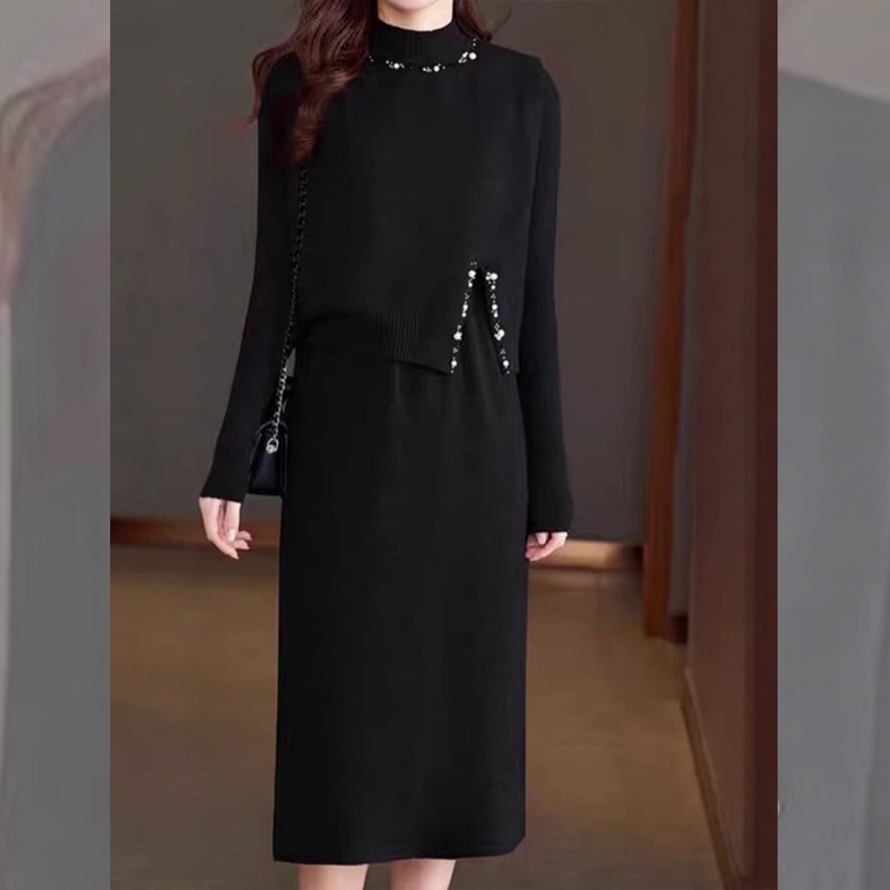 HVO008 - Set váy len nữ 2 mảnh áo vest + váy, thời trang thu đông - Đen