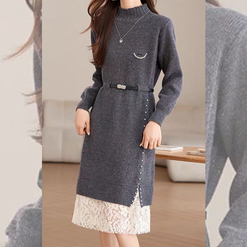 HVO006 - Váy len nữ dáng dài, thêu hạt thời trang công sở, thanh lịch - Xám