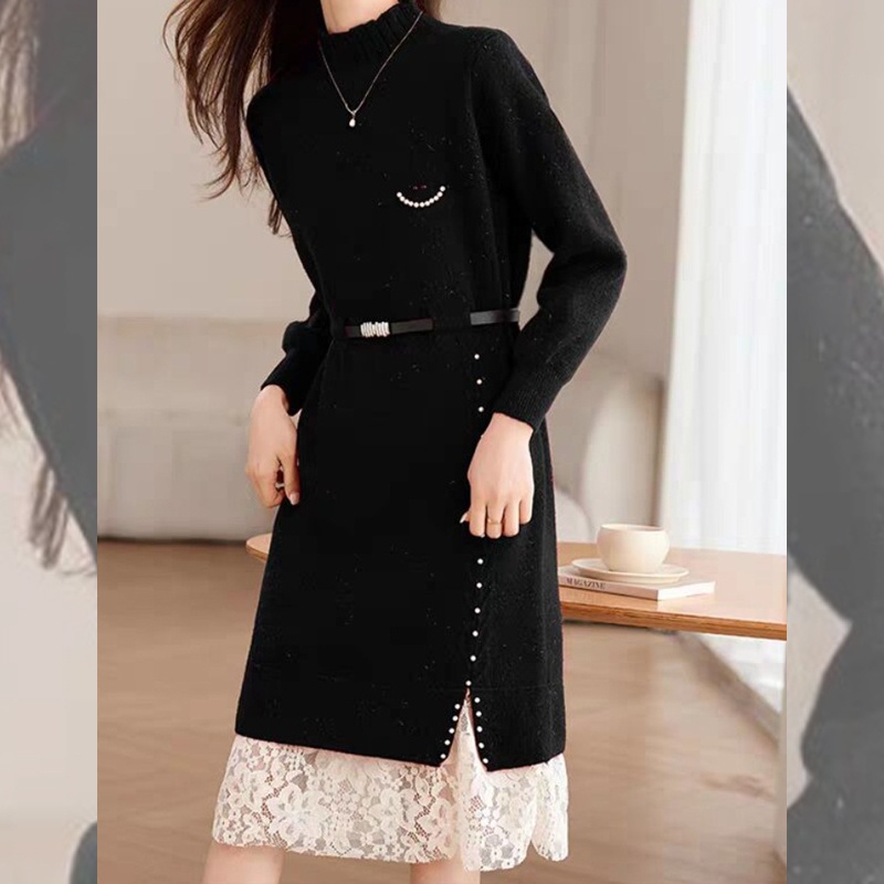 HVO006 - Váy len nữ dáng dài, thêu hạt thời trang công sở, thanh lịch - Đen