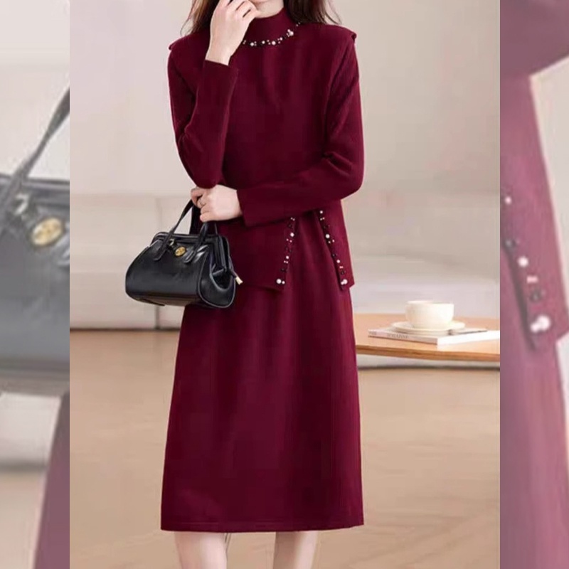 HVO008 - Set váy len nữ 2 mảnh áo vest + váy, thời trang thu đông - Đỏ