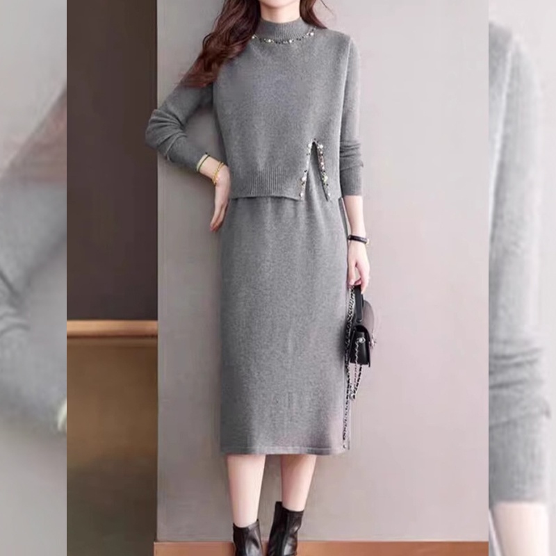 HVO008 - Set váy len nữ 2 mảnh áo vest + váy, thời trang thu đông - Xám