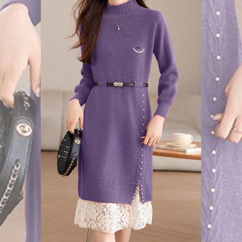 HVO006 - Váy len nữ dáng dài, thêu hạt thời trang công sở, thanh lịch - Tím