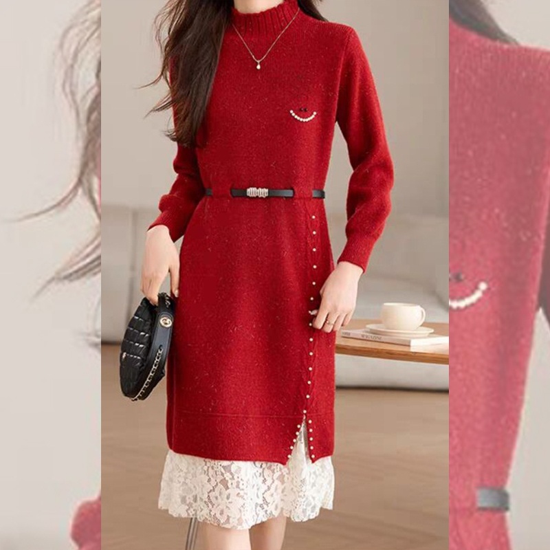 HVO006 - Váy len nữ dáng dài, thêu hạt thời trang công sở, thanh lịch - Đỏ