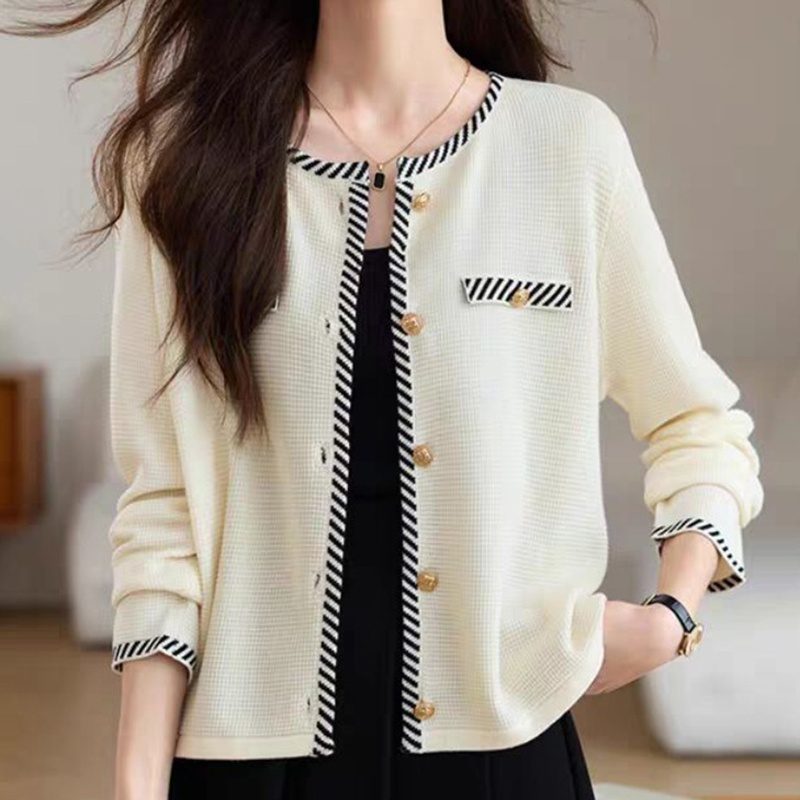 HVO009 - Áo khoác len nữ cổ tròn, áo dệt kim cao cấp, thời trang thu đông - Trắng