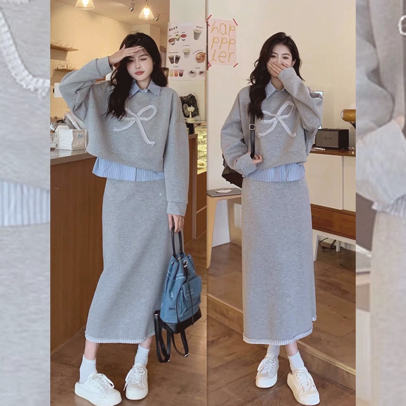 BAH001 - Set váy nữ thu đông, áo có cổ và vạt áo sơ mi giả + chân váy cạp cao, phong cách Hàn Quốc