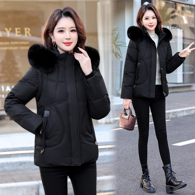 FAD007 - Áo khoác phao nữ dáng rộng, lót nhung ấm áp, tay áo tháo rời linh hoạt, thời trang thu đông - Đen