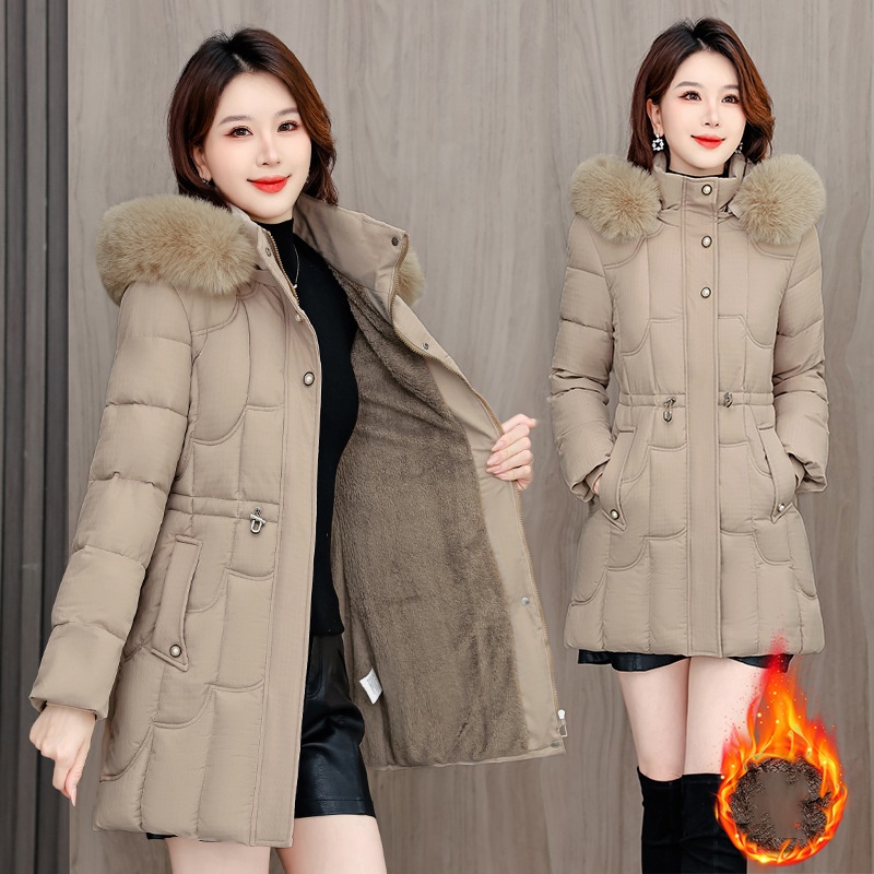 FAD005 - Áo phao nữ dáng dài có mũ lông tháo rời tiện lợi, thời trang thu đông - Kaki