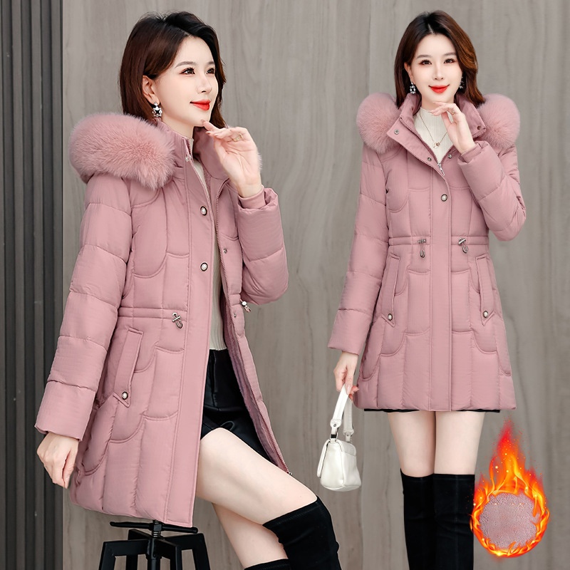 FAD005 - Áo phao nữ dáng dài có mũ lông tháo rời tiện lợi, thời trang thu đông - Hồng