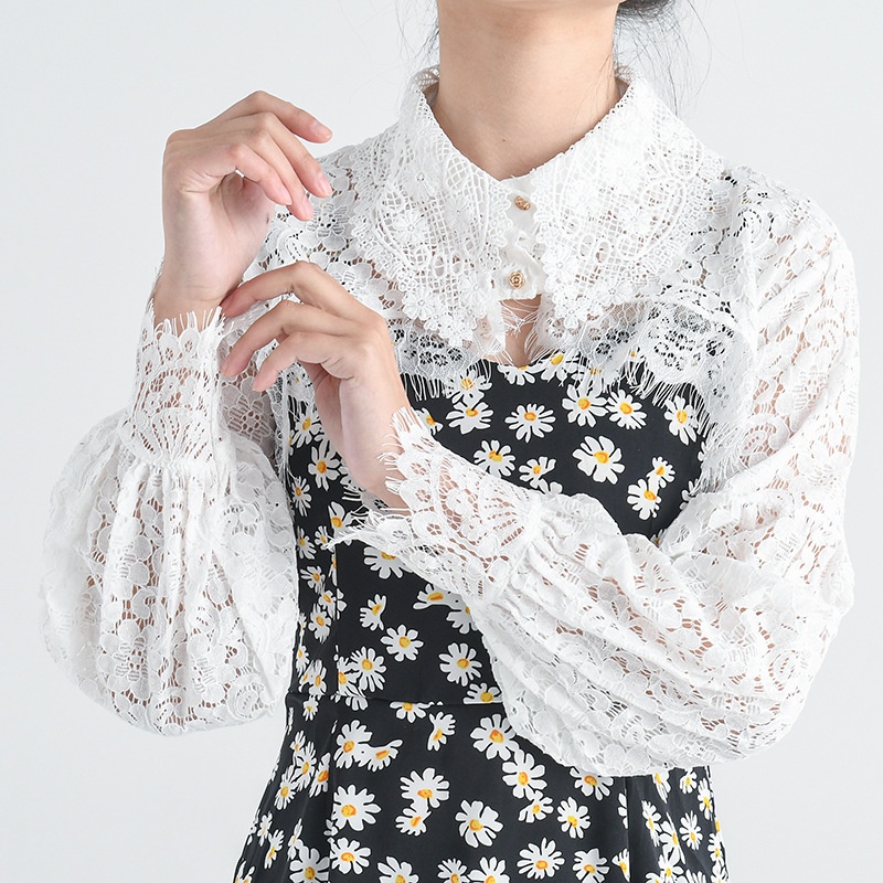 Áo ren lửng - cổ sơ mi dài tay mix-match đồ thời trang phong cách Hàn Quốc - CSM065 - Trắng