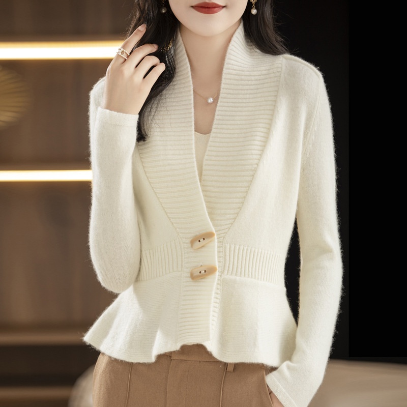 Áo khoác len cardigan nữ viền bèo tôn dáng, dài tay phong cách công sở SGC008 - Trắng