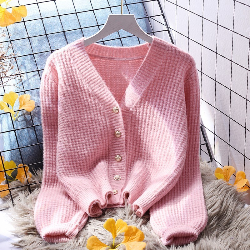 Áo khoác len cardigan nữ dài tay, thân ngắn kiểu Nhật trẻ trung, thời trang thu đông SGC009 - Hồng