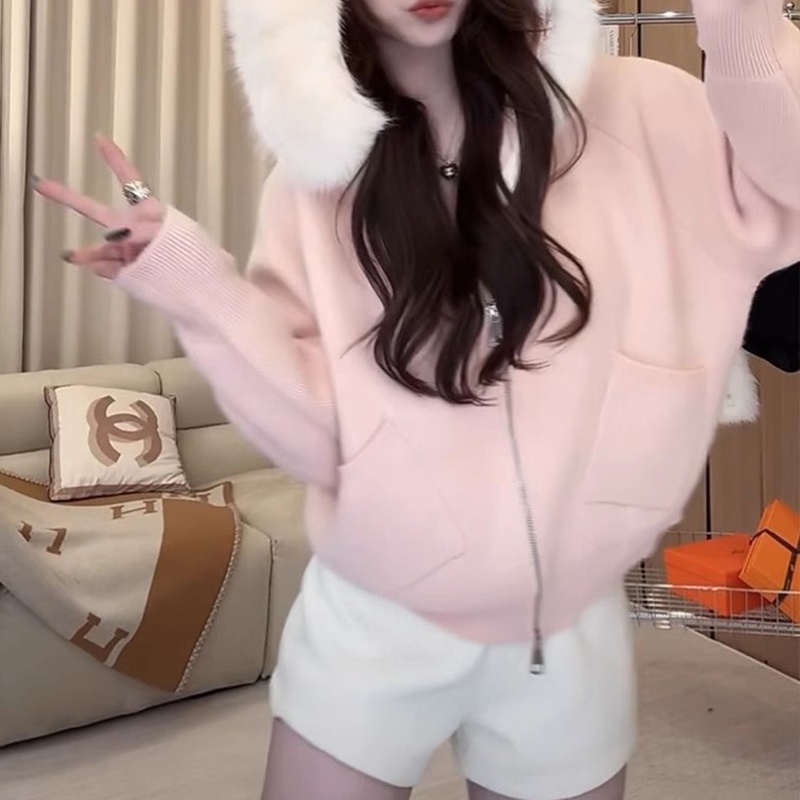 Áo len cardigan nữ cổ lông có mũ liền trùm đầu phong cách Hàn Quốc DSL007 - Hồng