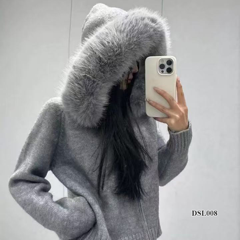 Áo khoác len nữ cardigan dài tay kéo khóa, có mũ lông trùm đầu phong cách Hàn Quốc DSL008 - XA