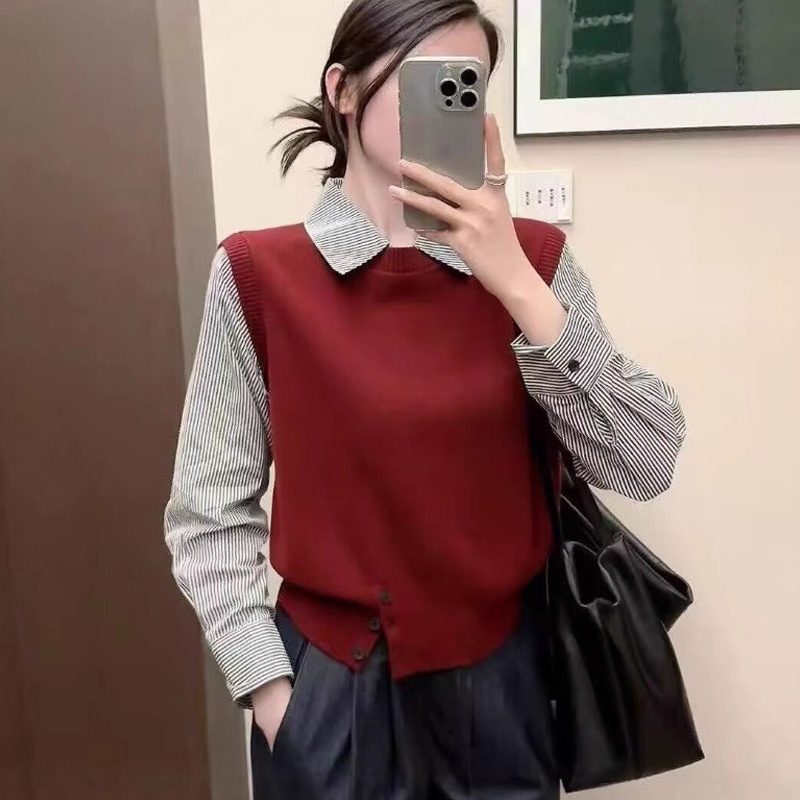 Áo len nữ dệt kim giả 2 mảnh, cổ đức phong cách công sở, thời trang thu đông DSL001 - Đỏ