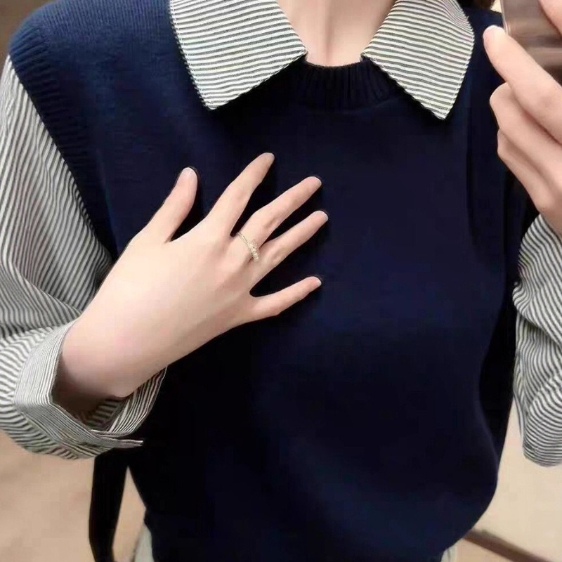 Áo len nữ dệt kim giả 2 mảnh, cổ đức phong cách công sở, thời trang thu đông DSL001 - Xanh lam