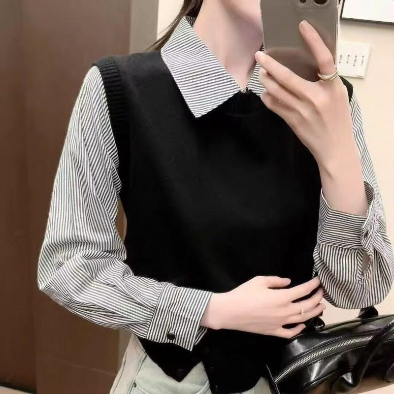 Áo len nữ dệt kim giả 2 mảnh, cổ đức phong cách công sở, thời trang thu đông DSL001 - Đen