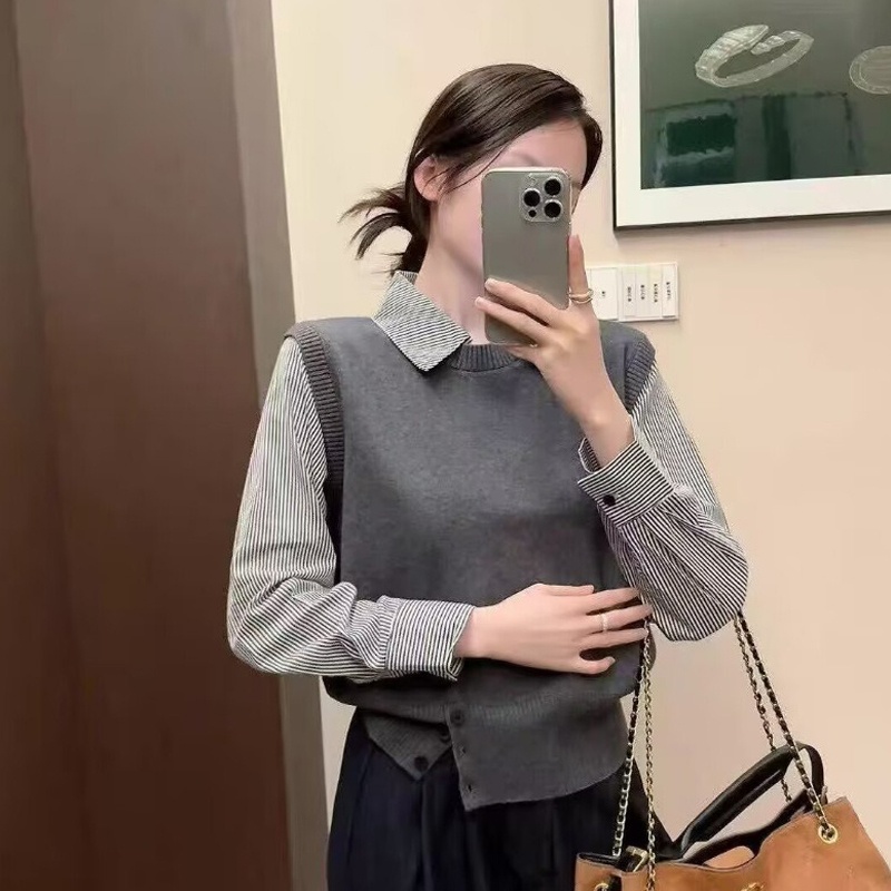 Áo len nữ dệt kim giả 2 mảnh, cổ đức phong cách công sở, thời trang thu đông DSL001 - Xám