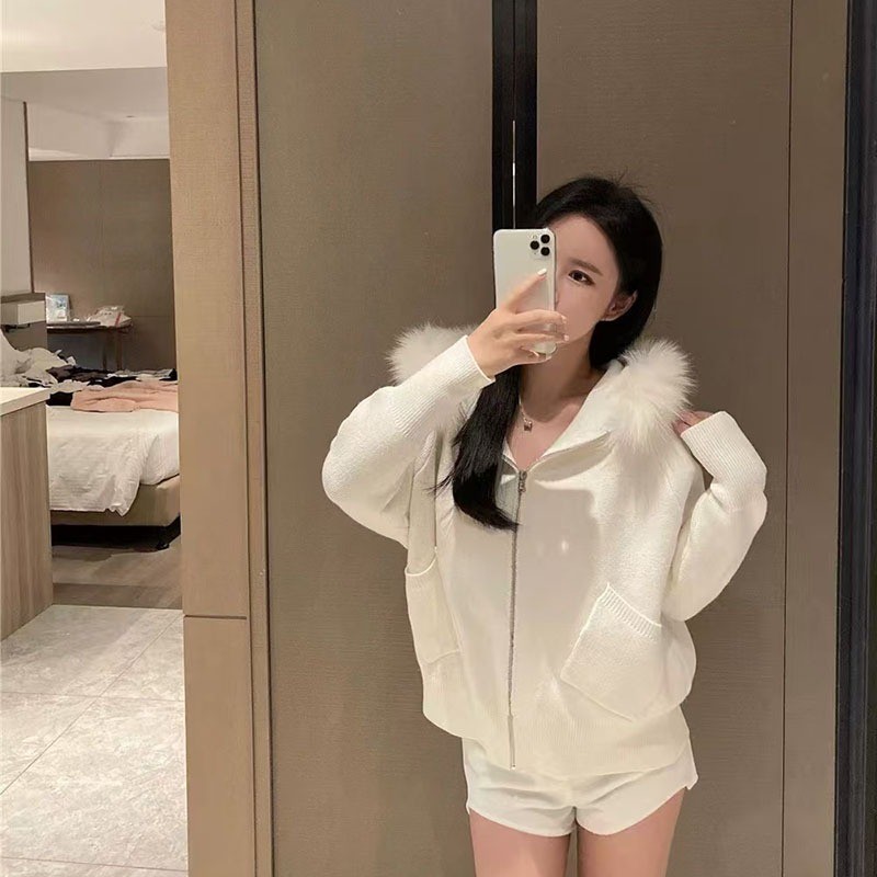 Áo len cardigan nữ cổ lông có mũ liền trùm đầu phong cách Hàn Quốc DSL007 - Trắng