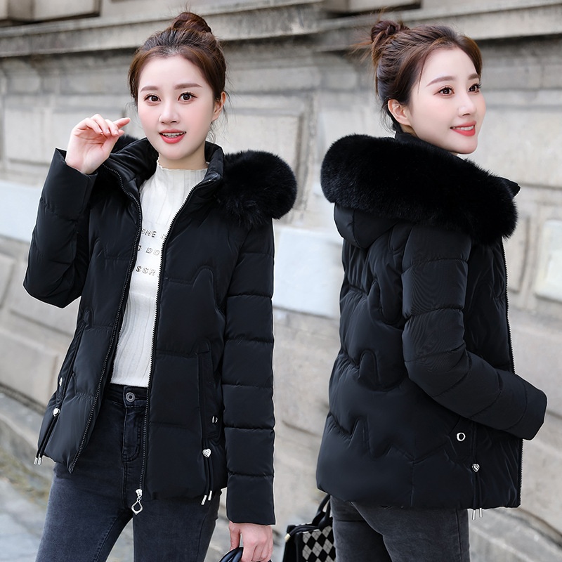 Áo phao nữ dáng ngắn, cổ lông ấm áp có thể tháo rời, dáng eo sành điệu KLP001 - Đen