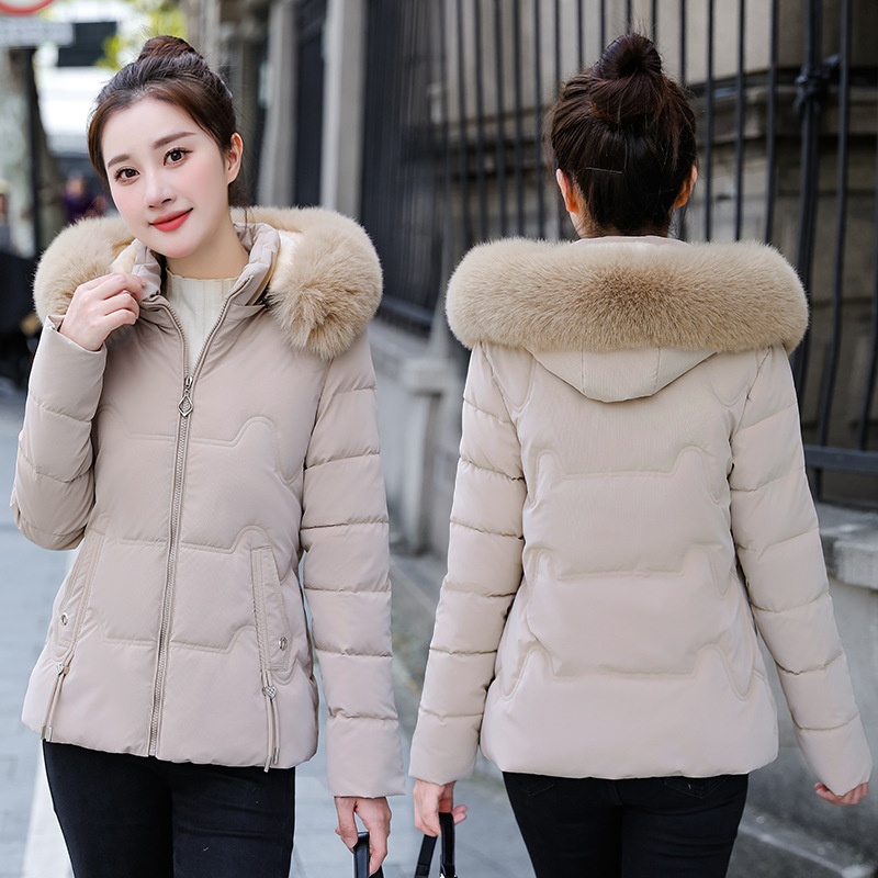 Áo phao nữ dáng ngắn, cổ lông ấm áp có thể tháo rời, dáng eo sành điệu KLP001 - Kaki