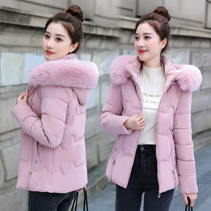 Áo phao nữ dáng ngắn, cổ lông ấm áp có thể tháo rời, dáng eo sành điệu KLP001 - Hồng