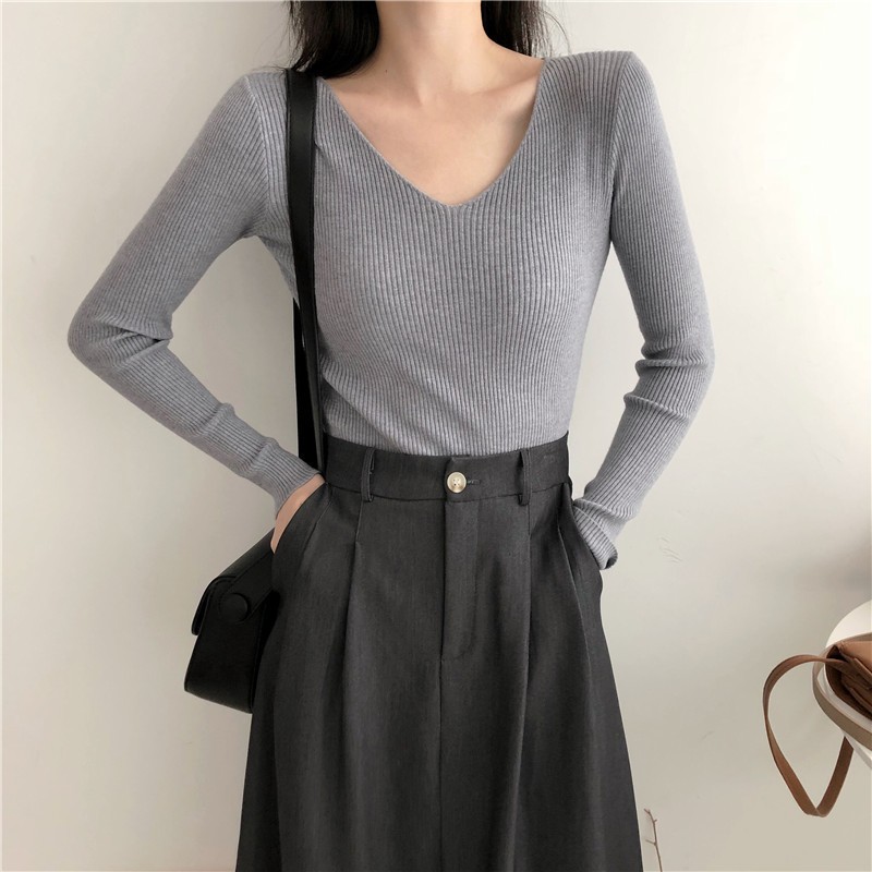 Áo len tăm nữ cao cấp ôm body cổ tim màu trơn kiểu Hàn Quốc LEK324 (Xám)