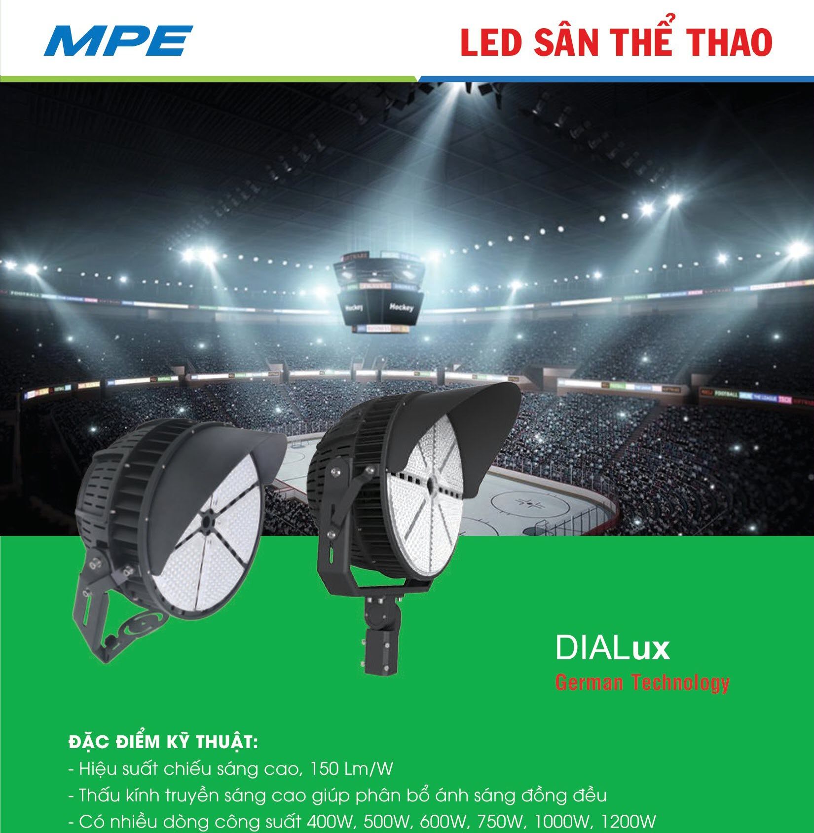 Đèn Led sport MPE chiếu sáng tốt tại các sân vận động - Bảng giá MPE 2023