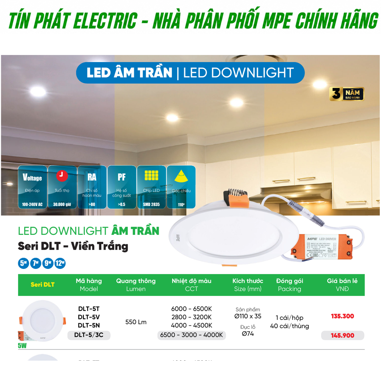 Bảng giá LED Âm Trần Downlight MPE Series DLT – Giá sỉ cho đại lý, nhà thầu và công trình