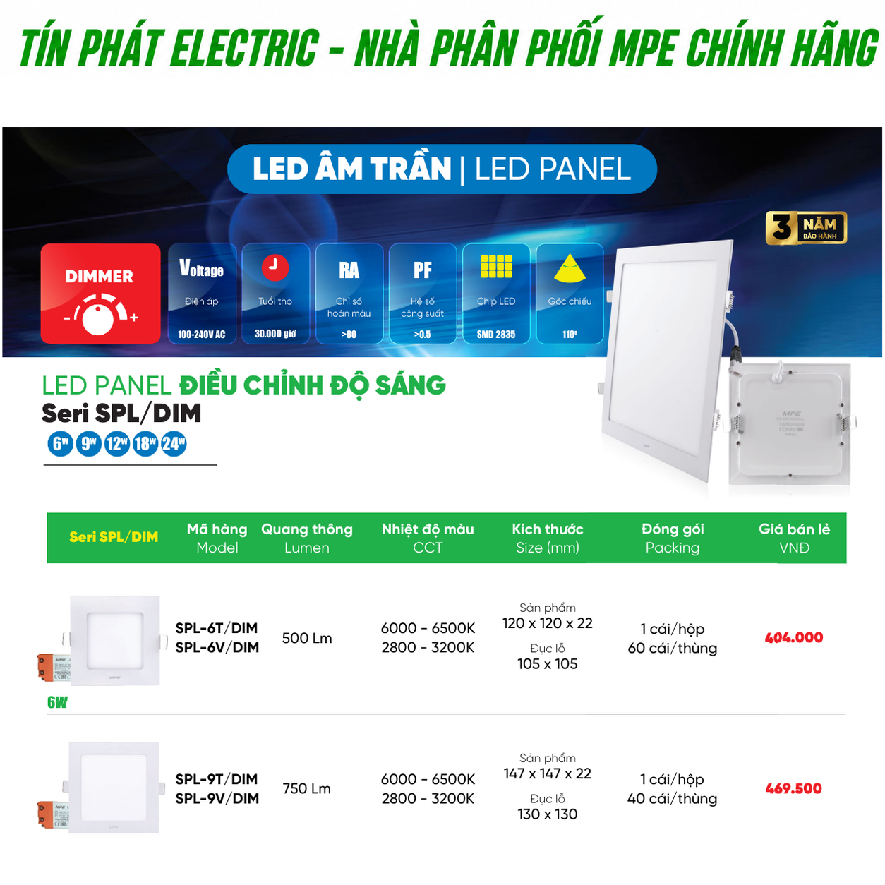 Bảng giá LED Âm Trần Panel MPE Series SPL/DIM – Báo giá sỉ theo số lượng và tổng đơn hàng