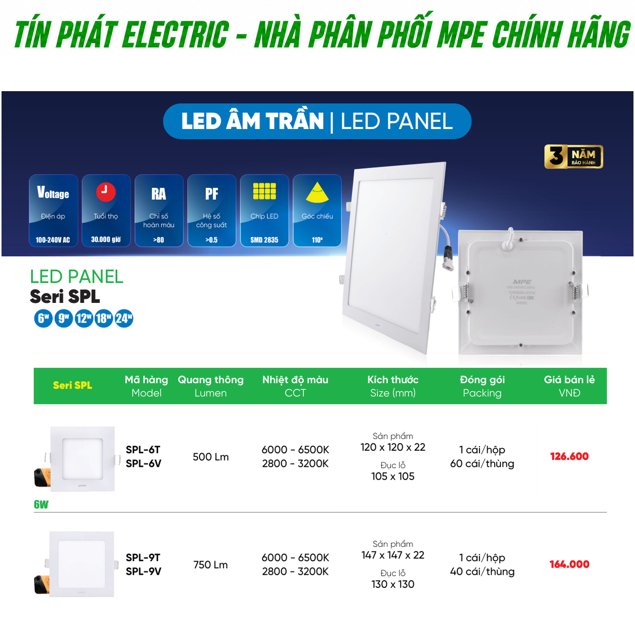 Bảng giá LED Âm Trần Panel MPE Series SPL – Giá sỉ cho đại lý, nhà thầu và công trình