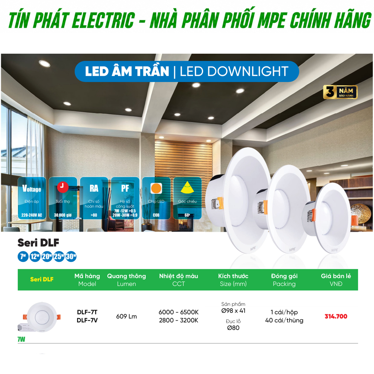 Bảng giá MPE Series DLF 7W–30W – Lập đơn sỉ theo công suất và màu ánh sáng