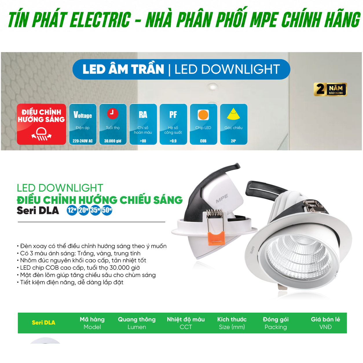 Bảng giá sỉ MPE Series DLA 12W–50W – Phân vùng chiếu điểm và chốt đúng hướng sáng