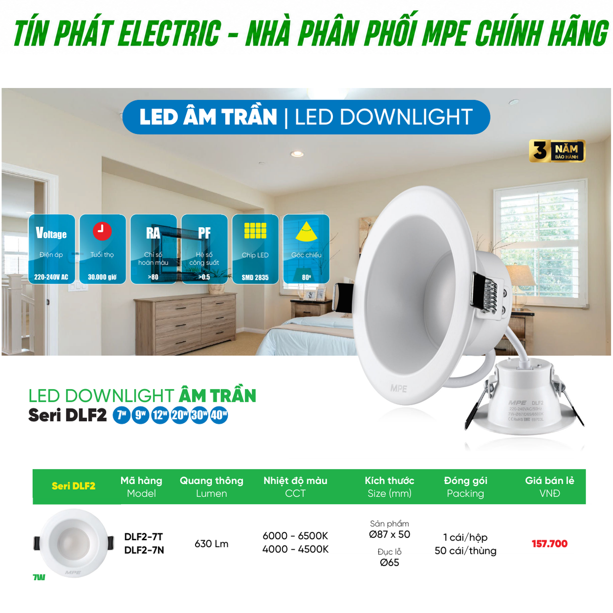 Bảng giá sỉ MPE Series DLF2 7W–40W – Phân bổ mã theo quang thông và tiến độ công trình